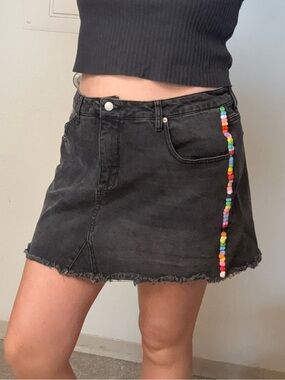Wild Fable Black Denim Mini Skirt with Rainbow Pom Pom Accent